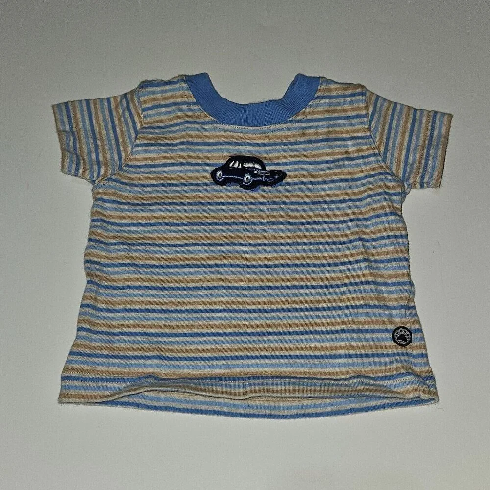 First Impressions Shirt Shortalls Outfit Tan Blue Embroidered Cars 6/9 Months
